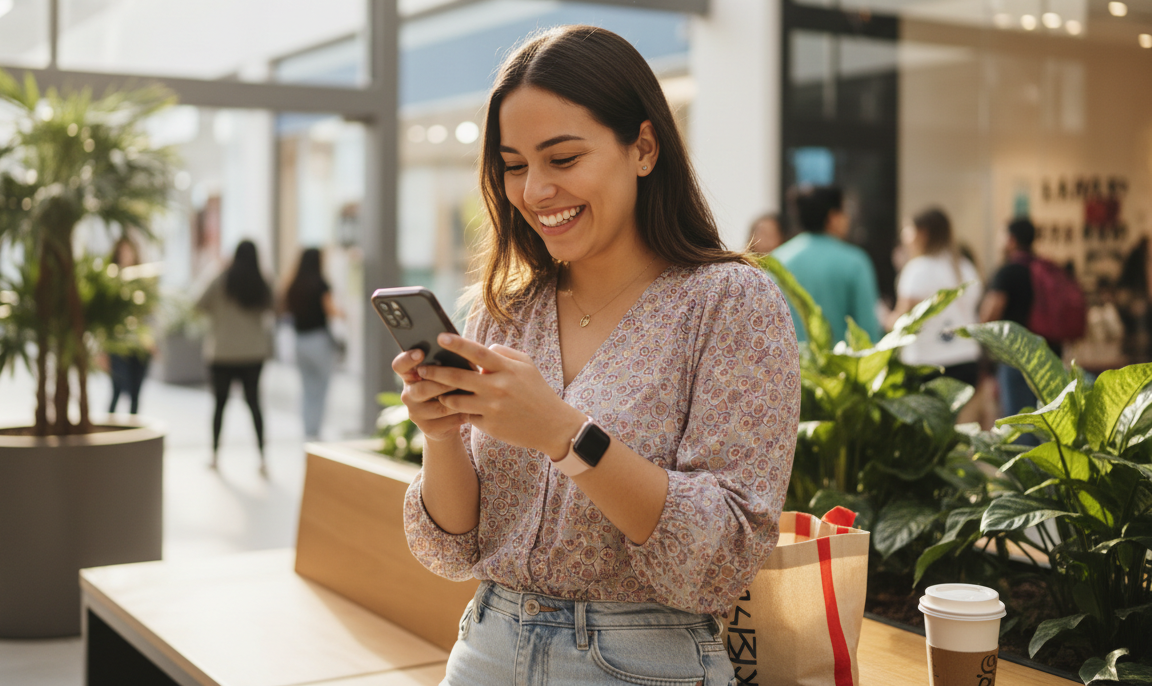 Una persona de colombia sonriendo comprando desde su celular, 